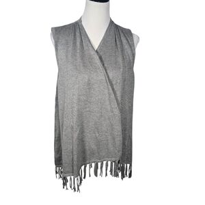 Joseph A Large Gray Knit Fringe Open Front Vest